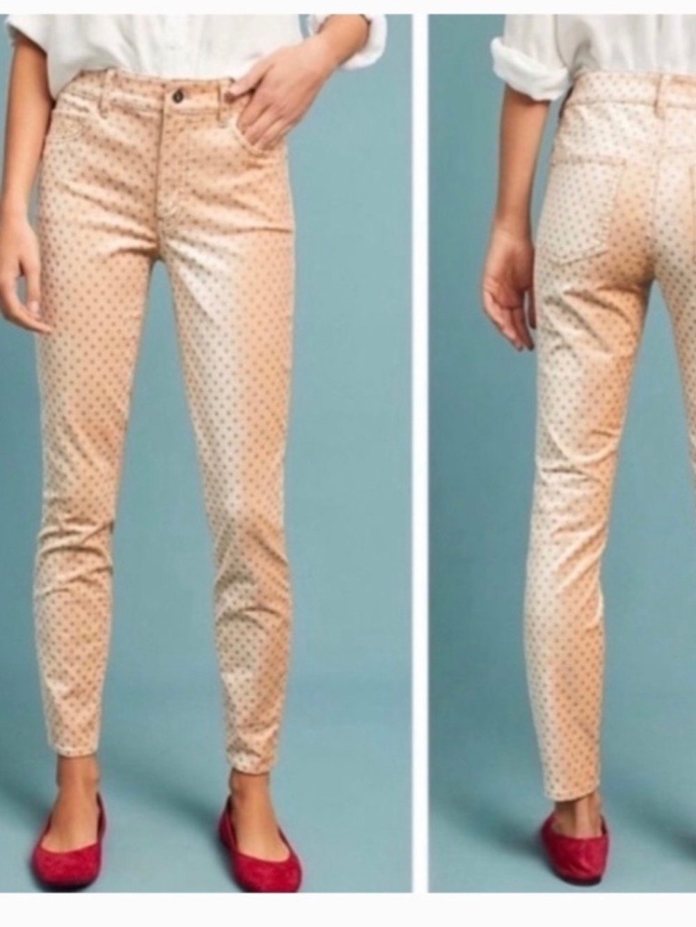 Anthropologie Pilcro Champagne Velvet High Rise skinny polka dot pants